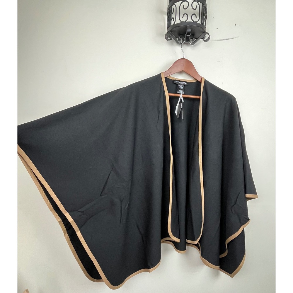 Antthony Original Black Tan Trim Open‎ Front Cape Wrap OS NWT